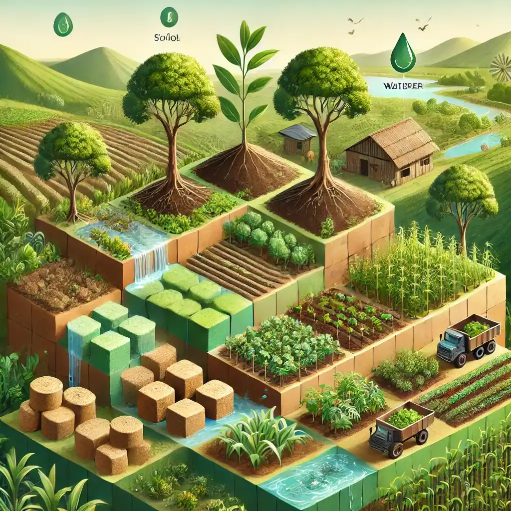 Create a visually appealing and eco-friendly illustration showcasing the benefits of cocopeat in sustainable farming, with improved visuals and better (1) coco peat being used in eco-friendly farming