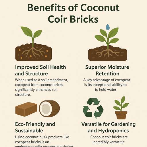 benefits_of_cocopeat_compressed benefits of coconut coir bricks: improved soil health and structure, superior moisture retention, eco-friendliness and sustainability, and versatility for gardening and hydroponics.