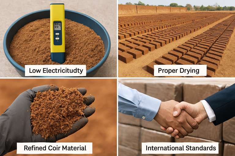 cocopeat_quality_steps_compressed key quality control steps in cocopeat brick manufacturing: measuring electrical conductivity with a meter in cocopeat, rows of coir bricks sun-drying in a large open yard, gloved hands holding refined coir particles, and a handshake in front of neatly stacked and wrapped coconut bricks, symbolizing adherence to international standards