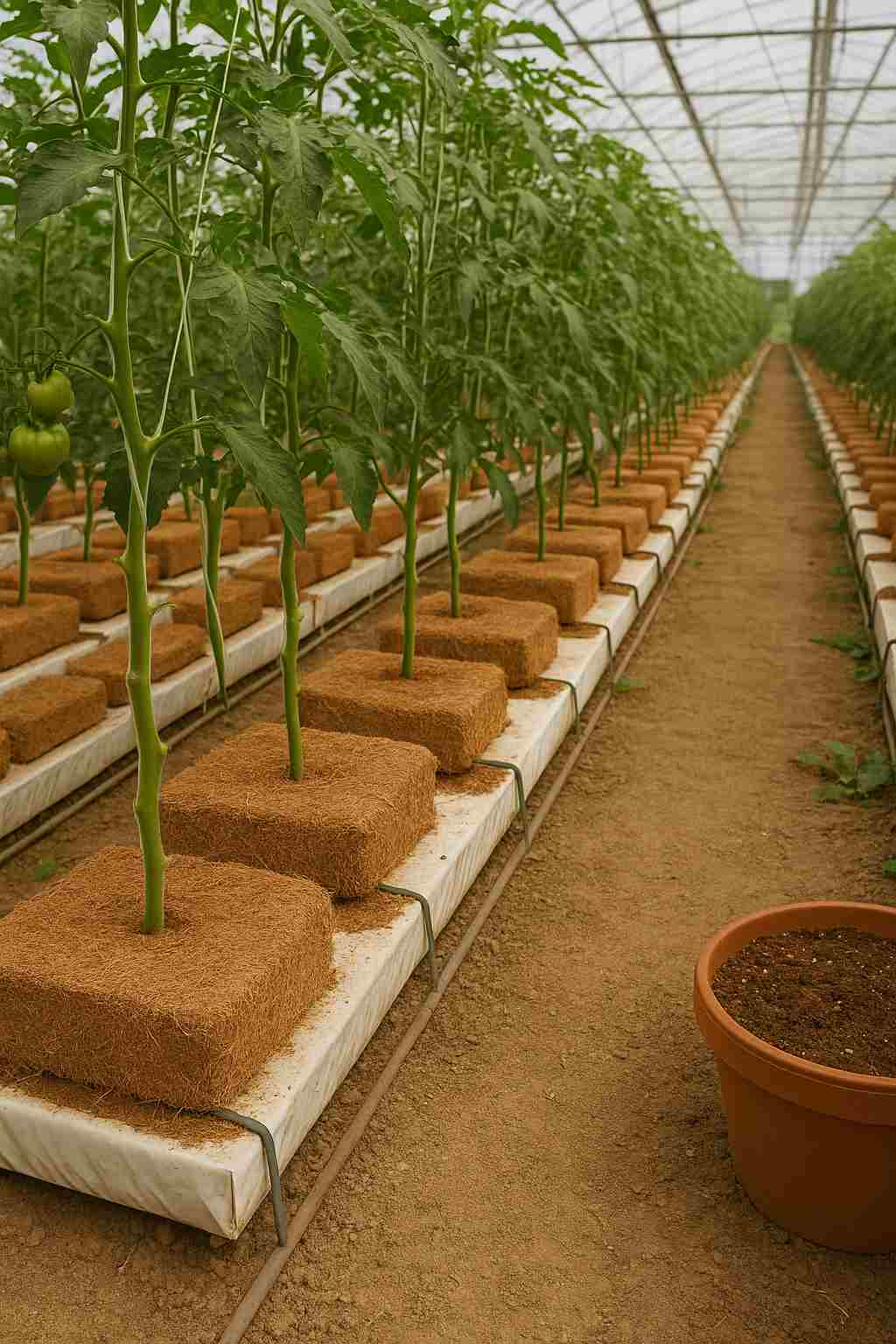 coir_greenhouse_compressed_lowq Rows of tomato plants growing in a commercial greenhouse using coconut coir grow bags as a sustainable hydroponic medium, supported by strings and arranged on raised trays