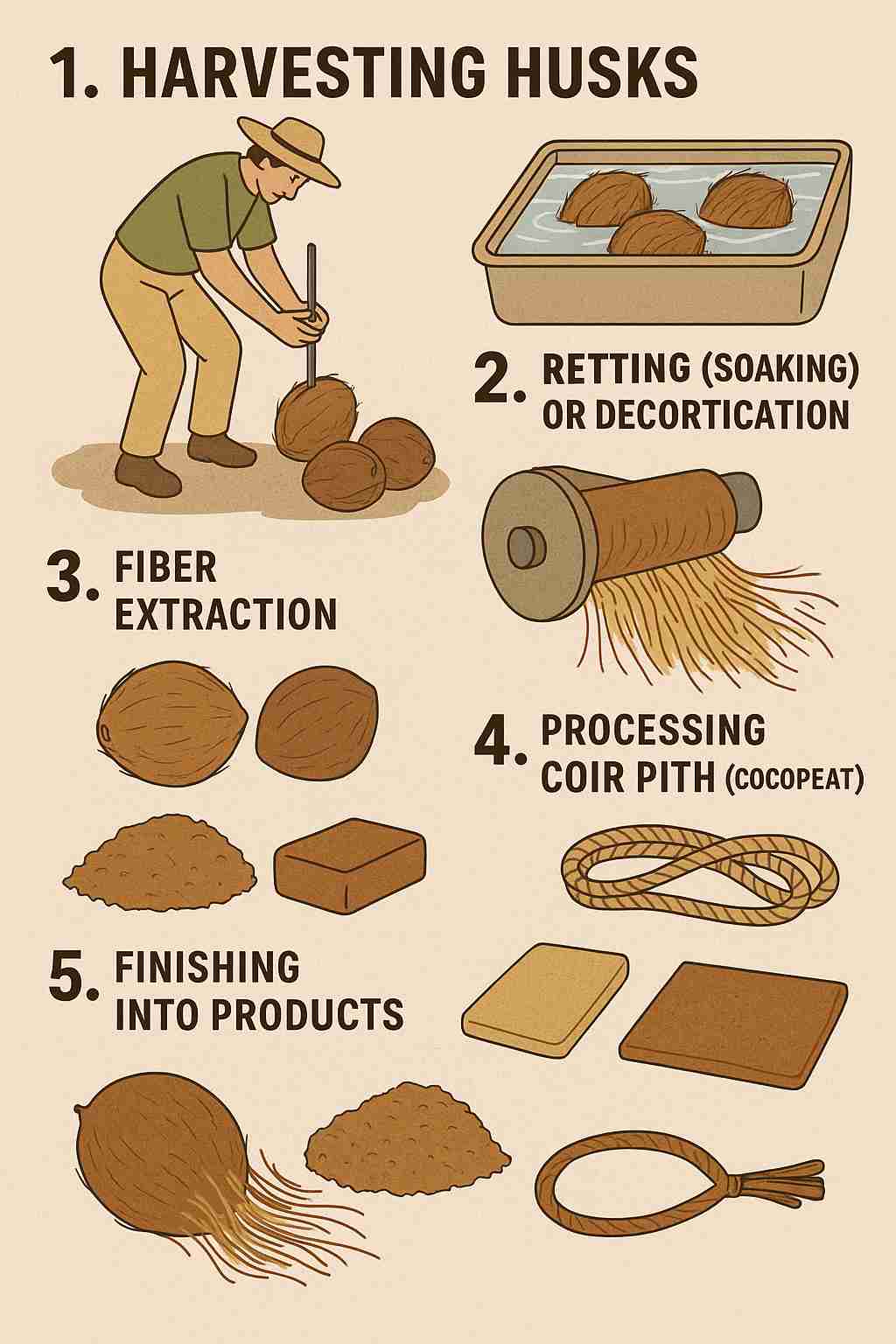 coir_process_infographic_compressed Step-by-step illustration of coconut coir processing, showing harvesting, soaking or decortication, fiber extraction, cocopeat processing, and final coir products like mats, ropes, and blocks.