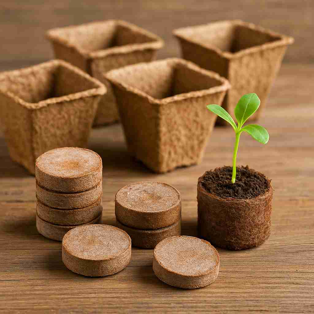 coir_seed_starters_compressed Biodegradable coir seed starter pellets and pots displayed on a wooden surface, with one expanded pellet showing a young green seedling growing from it