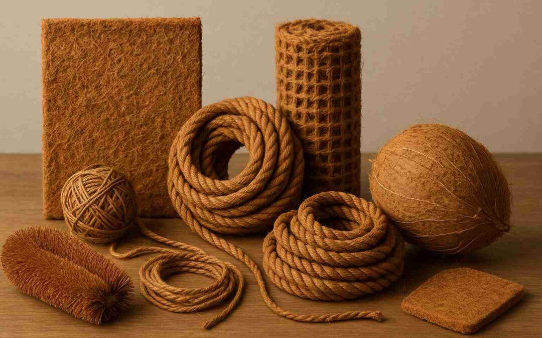 A variety of coconut coir products including rope, mats, twine, a brush, and a coconut husk, displayed on a wooden surface for sustainable product showcase