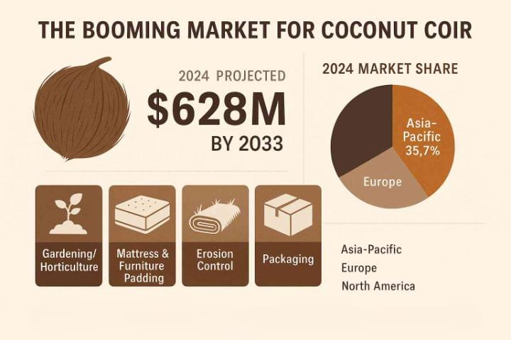 Infographic showing the global market outlook for coconut coir products across industries like gardening, bedding, erosion control, and packaging, highlighting growth trends and key regions including India, Sri Lanka, the US, and Europe