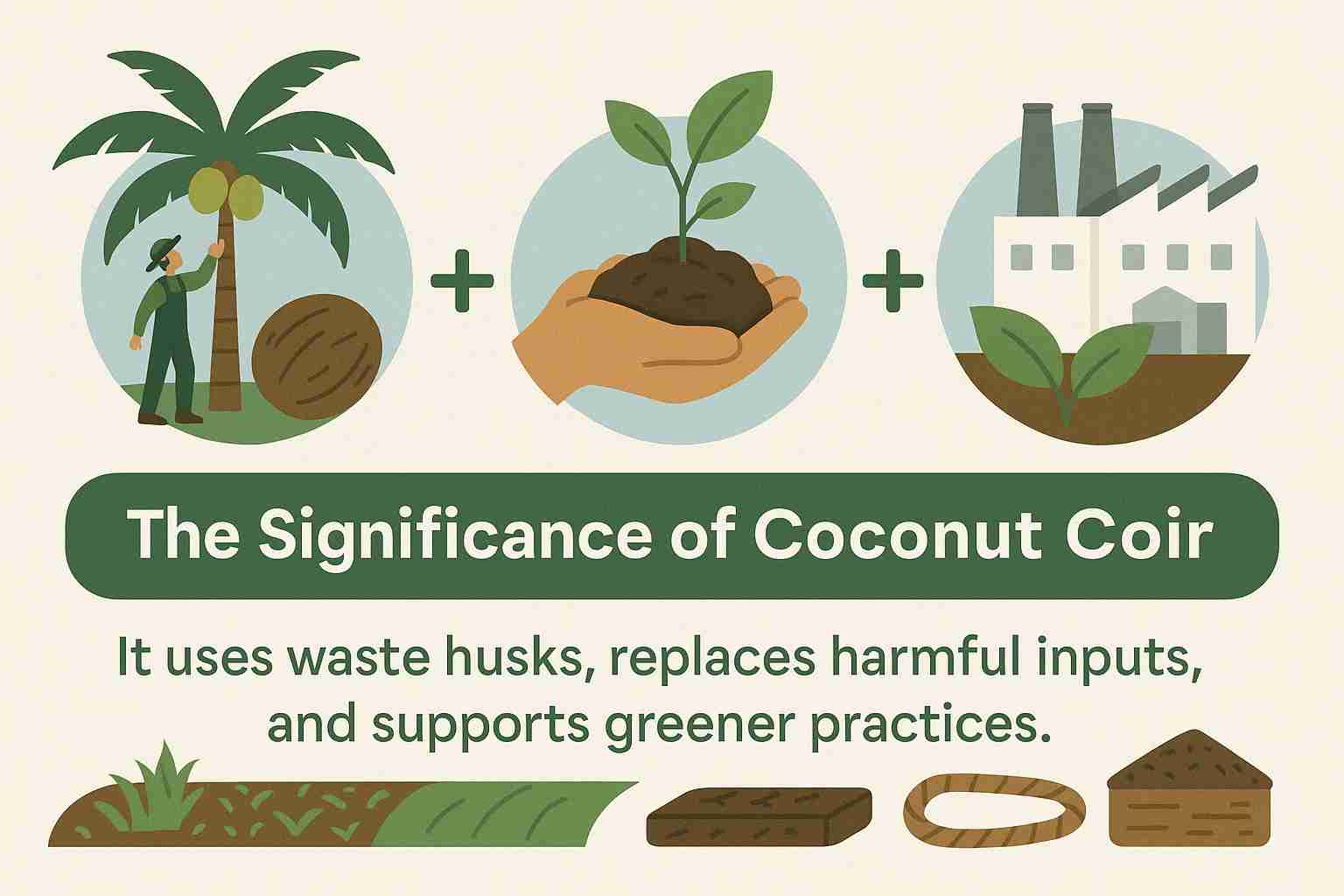 significance_of_coir_compressed Infographic showing the importance of coconut coir in sustainability, with visuals of coconut harvesting, plant growth, and eco-friendly industry, highlighting coir’s role in reducing waste and replacing harmful materials
