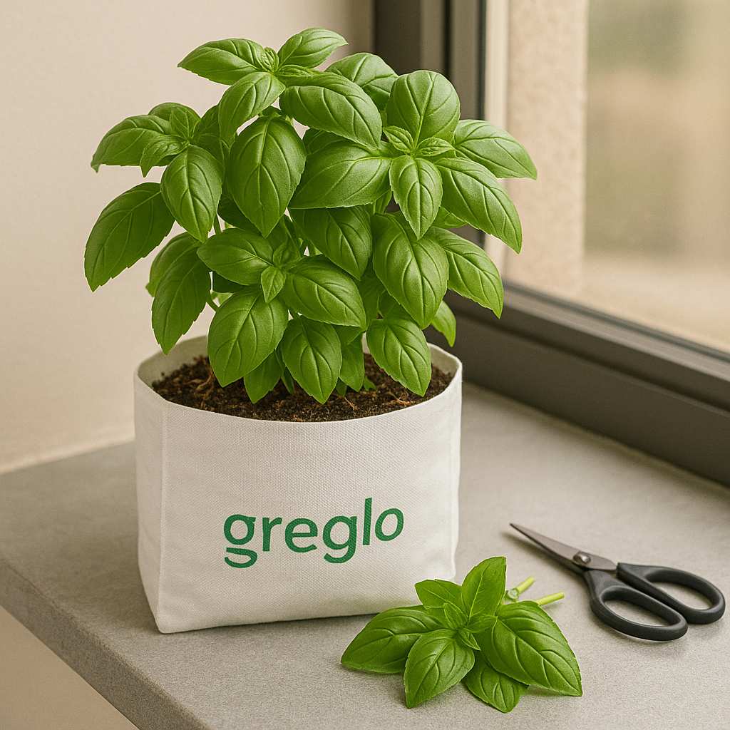 basil_grow_bag_compressed Healthy basil plant growing in a white Greglo® grow bag on a windowsill, with scissors and freshly harvested basil leaves placed beside it.</p>
<p>