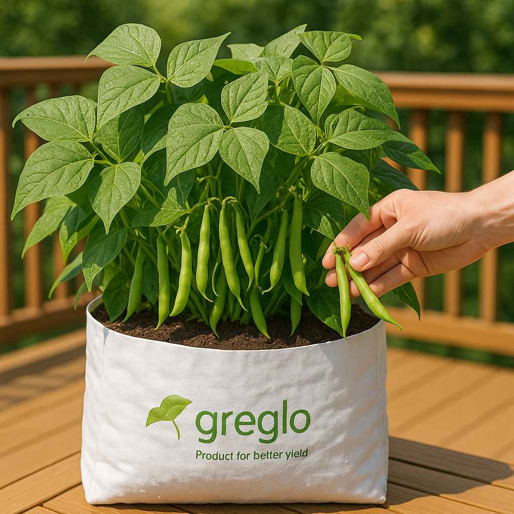 bush_bean_grow_bag_compressed (1) Bush bean plants growing in a white Greglo grow bag on a sunny deck, with green beans hanging and a hand picking a few.</p>
<p>
