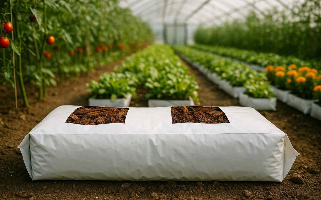 A white cocopeat grow bag filled with cocopeat in the foreground of a sunlit greenhouse, with rows of tomato and lettuce plants growing in similar bags