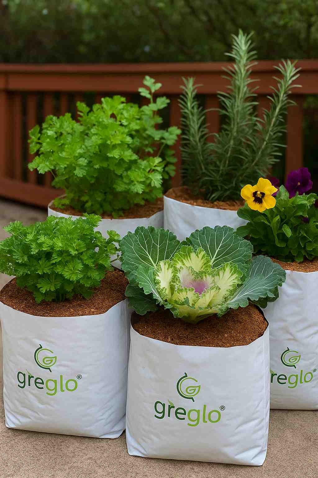 compressed_garden_image an outdoor garden setup with cocopeat grow bags filled with herbs like parsley, cilantro, and rosemary, alongside colorful fall flowers such as pansies and ornamental cabbages. The scene represents autumn planting in a temperate climate