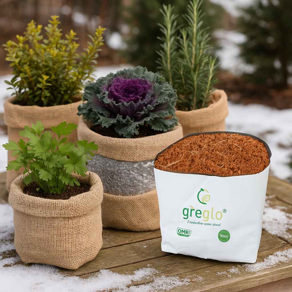 compressed_outdoor_grow_bags Outdoor setup of potted plants in insulated fabric grow bags during winter, showing burlap wrapping and mulching to protect roots from cold weather