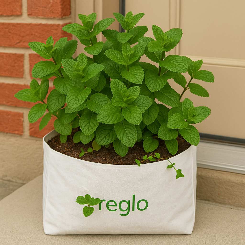 mint_grow_bag_compressed Lush green mint plant growing in a white Greglo® grow bag placed on a doorstep, with small runners visible on the soil surface.