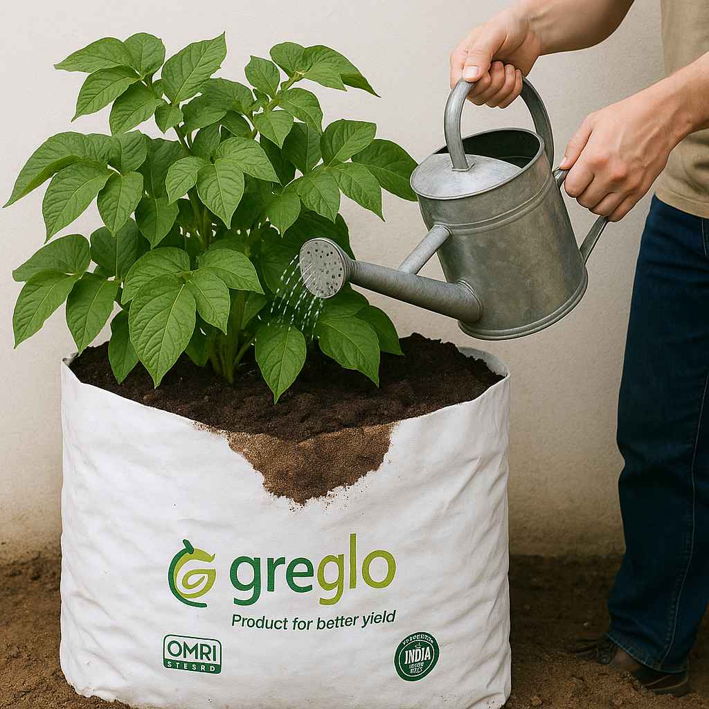 potato_grow_bag_compressed Potato plant in a white Greglo® grow bag being watered by a gardener.