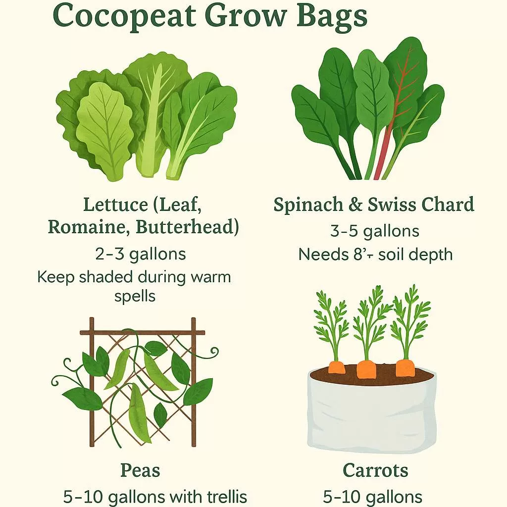 spring_leafy_veg_infographic_compressed An illustrated infographic showing lettuce, spinach, peas, and carrots growing in labeled cocopeat grow bags with size recommendations, planting tips, and harvest timelines — designed to guide spring vegetable planting in container gardening setups.