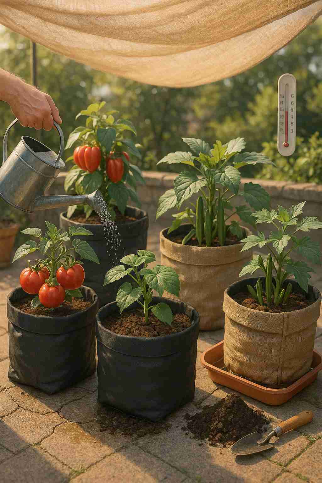 summer_care_growbags_compressed scene showing summer care techniques for grow bags, including drip irrigation, shaded containers, water trays, and vibrant plants like tomatoes and cucumbers thriving under partial sunlight