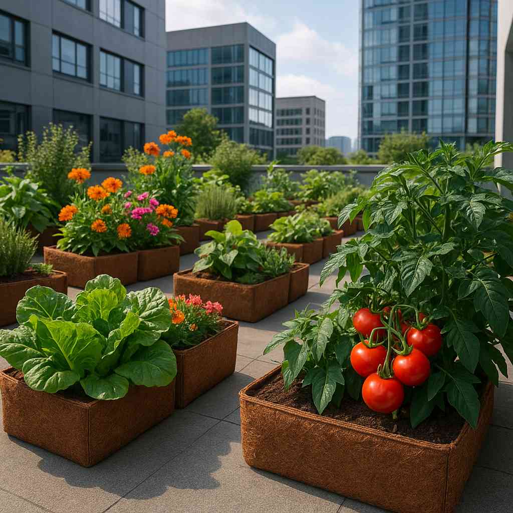 urban_garden_cocopeat_below_100kb Urban rooftop garden showcasing coconut coir products like grow bags filled with vegetables and flowers, promoting sustainable home gardening